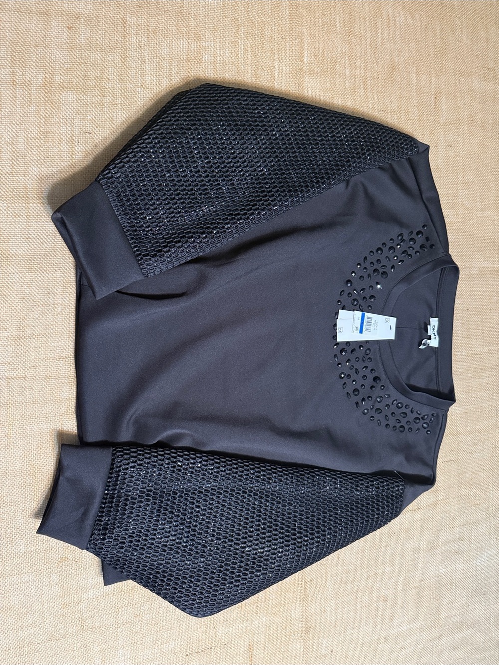 DKNY Black Crewneck Sweater with Textured Sleeves